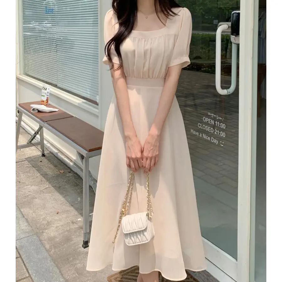 骨格ウェーブ ふんわりシフォン 美くびれハイウエスト 半袖ワンピース