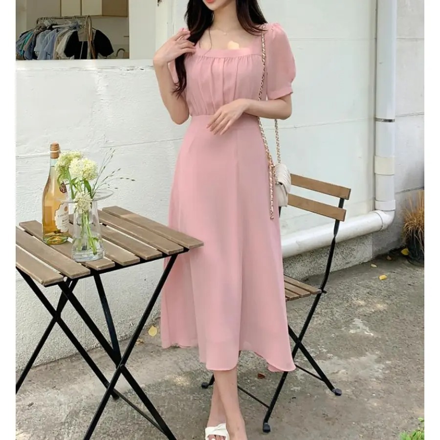 骨格ウェーブ ふんわりシフォン 美くびれハイウエスト 半袖ワンピース