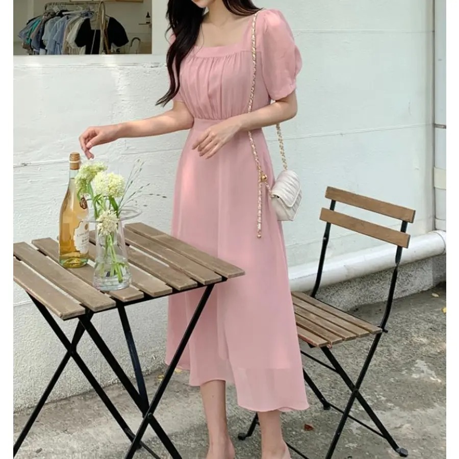 骨格ウェーブ ふんわりシフォン 美くびれハイウエスト 半袖ワンピース