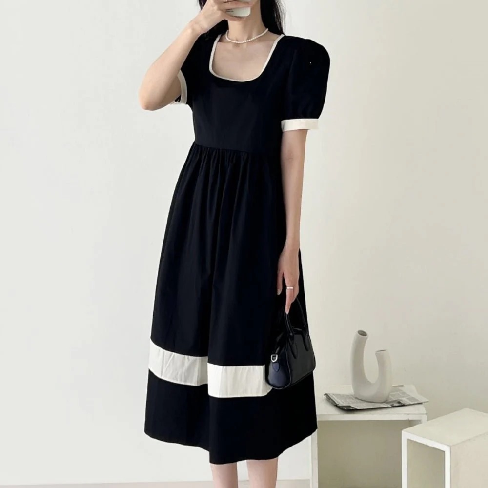 骨格ウェーブ クラシカルバイカラー ハイウエスト パフスリーブワンピース