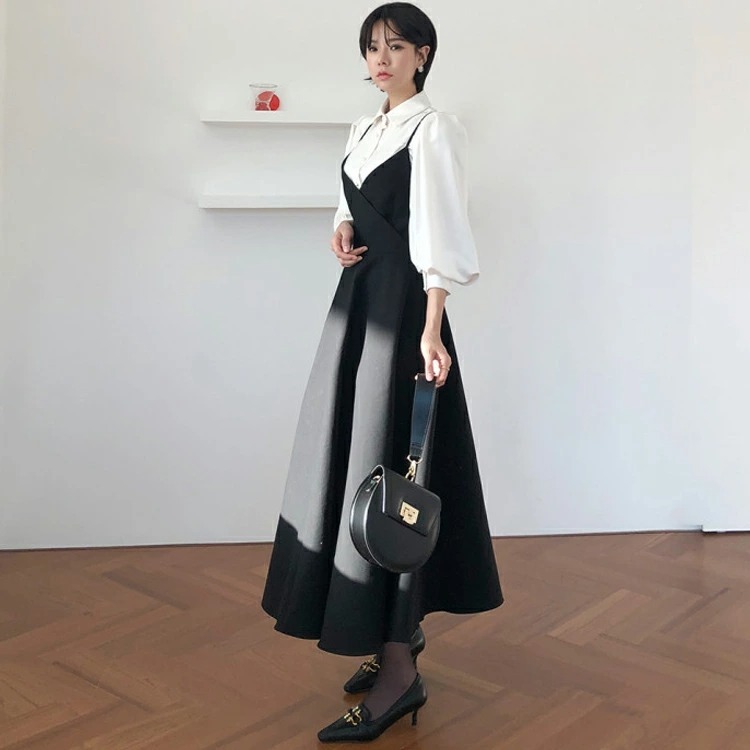 骨格ウェーブ【2点セット】華奢見えパールブラウス＆美くびれキャミワンピ