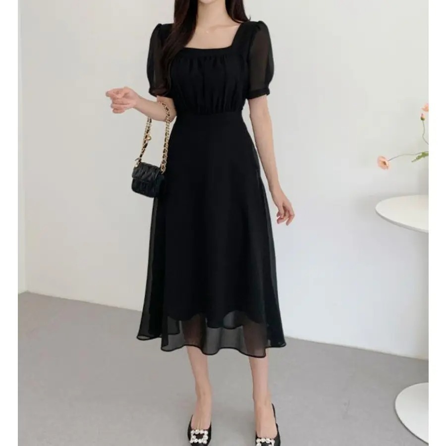 骨格ウェーブ ふんわりシフォン 美くびれハイウエスト 半袖ワンピース