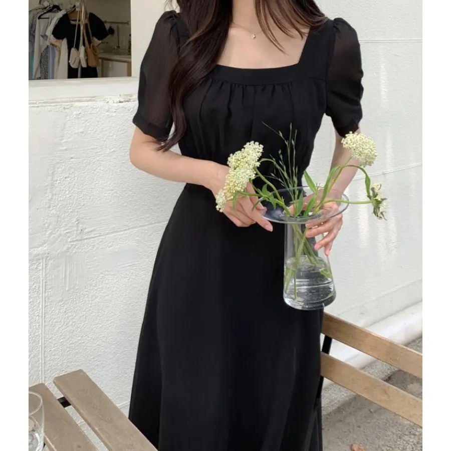 骨格ウェーブ ふんわりシフォン 美くびれハイウエスト 半袖ワンピース