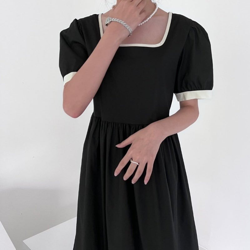 骨格ウェーブ クラシカルバイカラー ハイウエスト パフスリーブワンピース