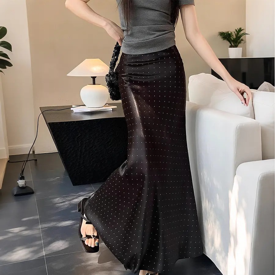 骨格ウェーブ 流れる曲線美 ドットサテン ロングマーメイドスカート