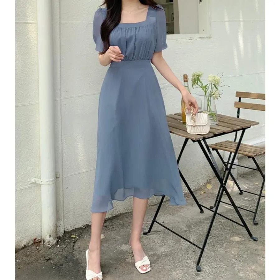 骨格ウェーブ ふんわりシフォン 美くびれハイウエスト 半袖ワンピース