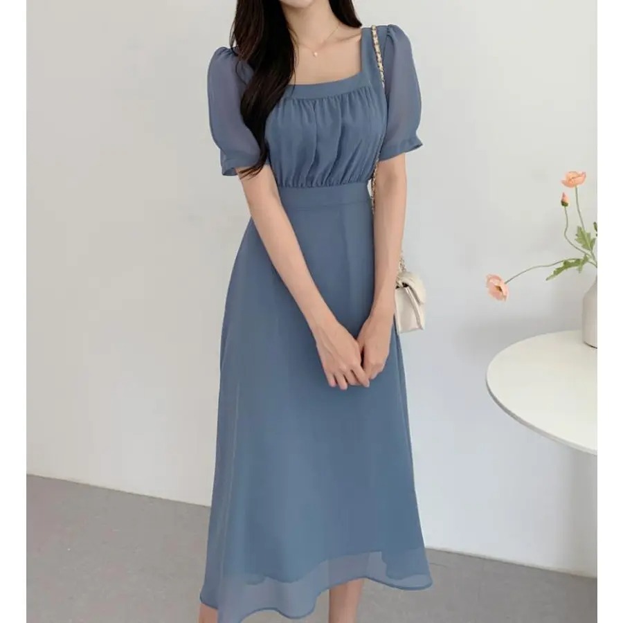 骨格ウェーブ ふんわりシフォン 美くびれハイウエスト 半袖ワンピース