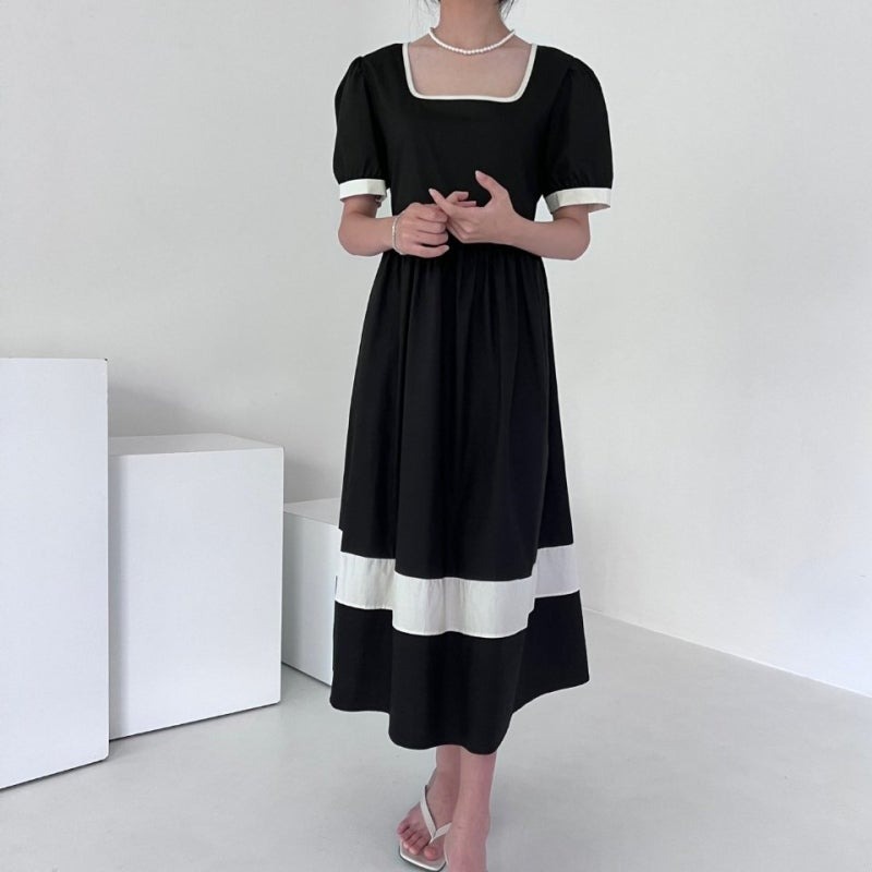 骨格ウェーブ クラシカルバイカラー ハイウエスト パフスリーブワンピース