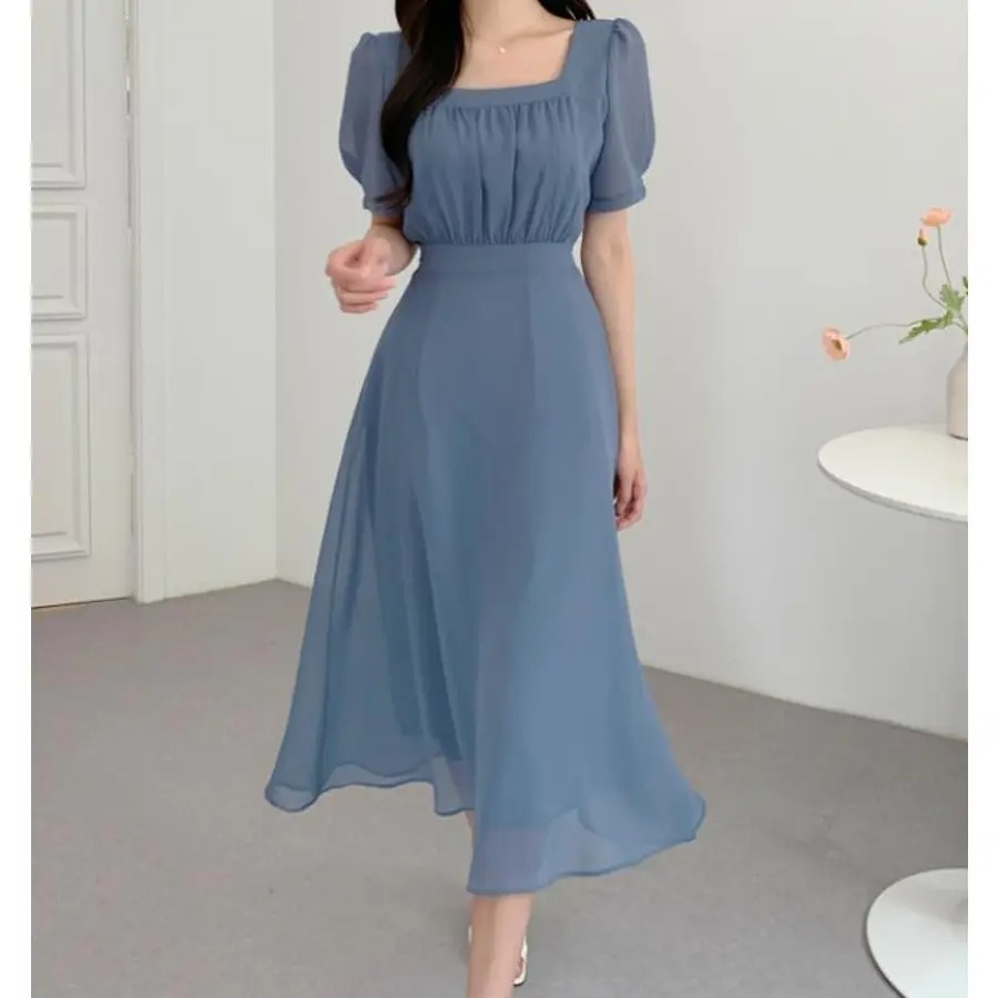 骨格ウェーブ ふんわりシフォン 美くびれハイウエスト 半袖ワンピース