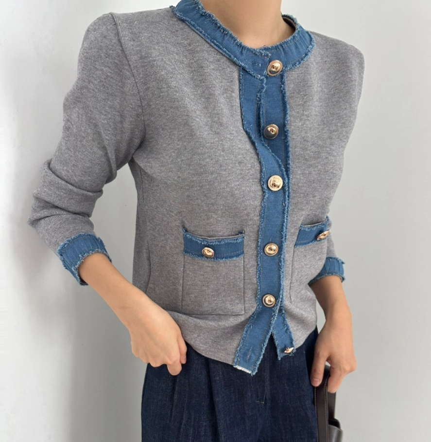 骨格ウェーブ デニム配色 ニットカーディガン