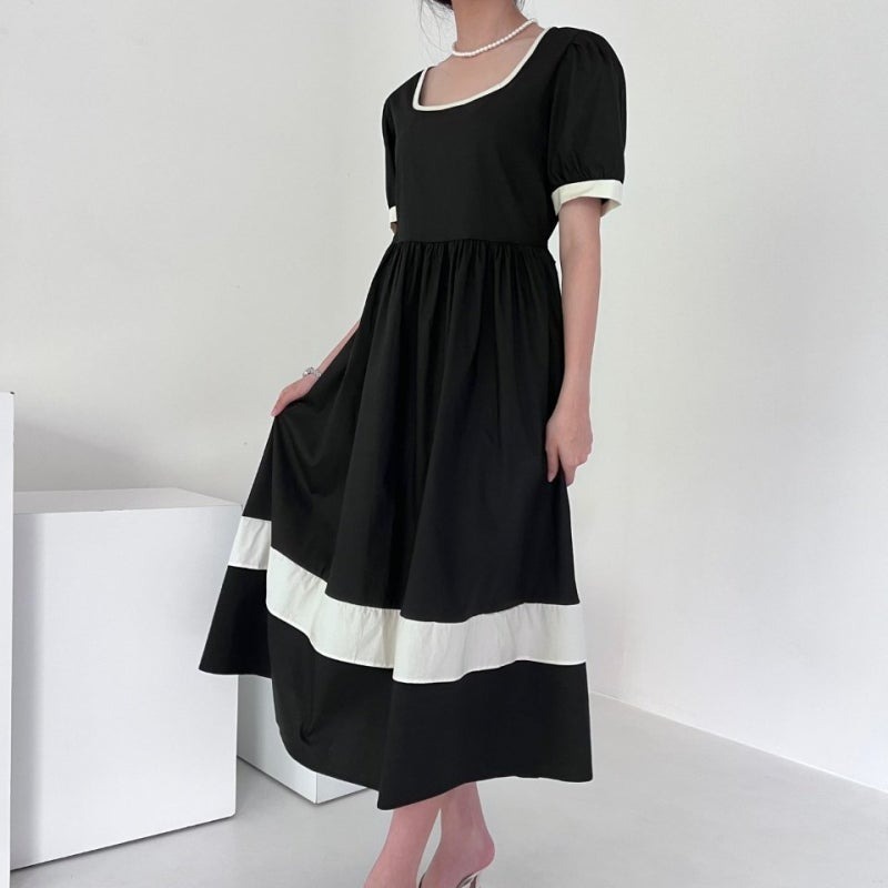 骨格ウェーブ クラシカルバイカラー ハイウエスト パフスリーブワンピース