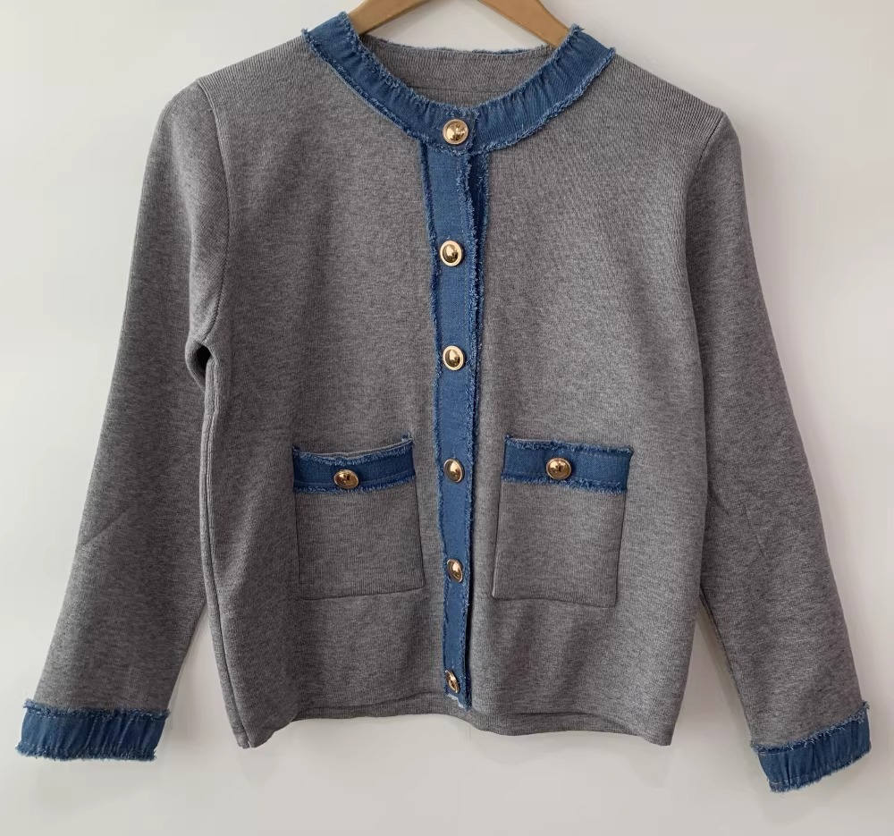 骨格ウェーブ デニム配色 ニットカーディガン