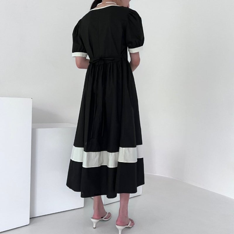 骨格ウェーブ クラシカルバイカラー ハイウエスト パフスリーブワンピース