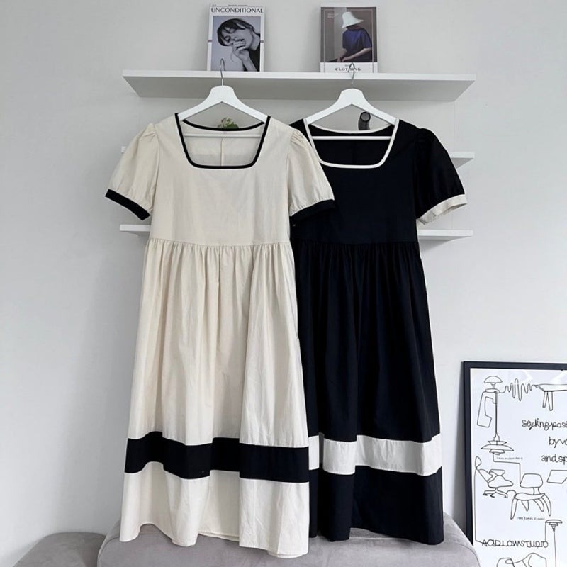 骨格ウェーブ クラシカルバイカラー ハイウエスト パフスリーブワンピース