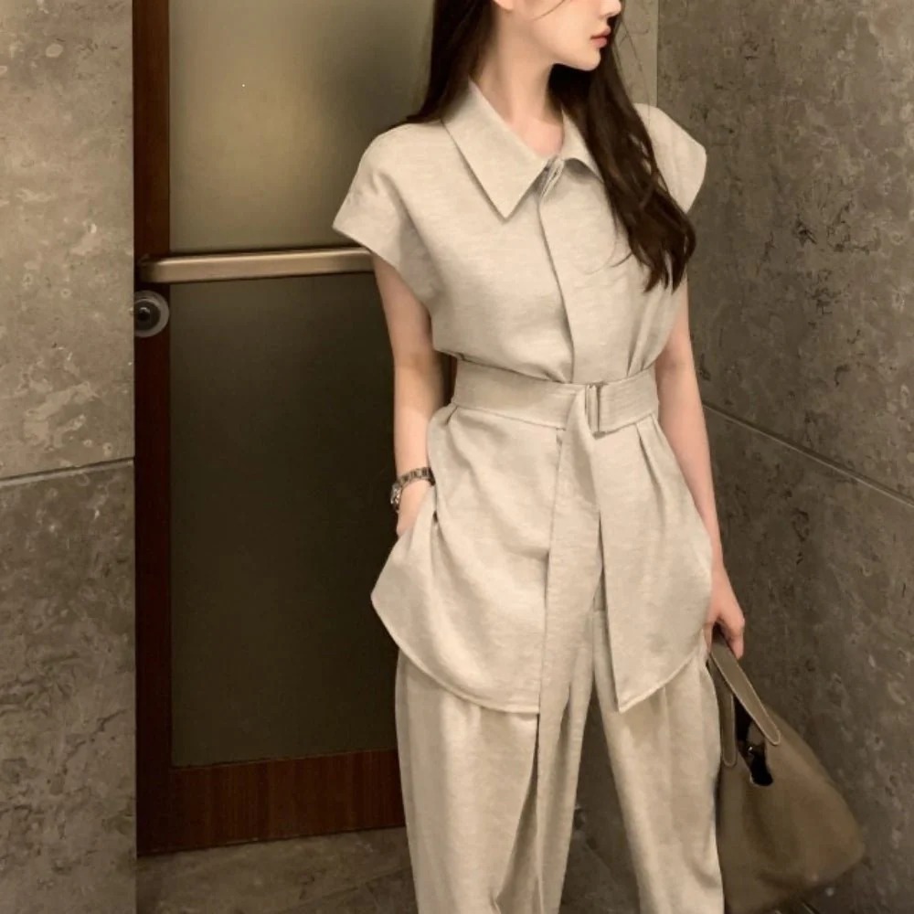 骨格ウェーブ 美くびれメイク・セットアップ フレンチスリーブシャツ＆ワイドパンツ