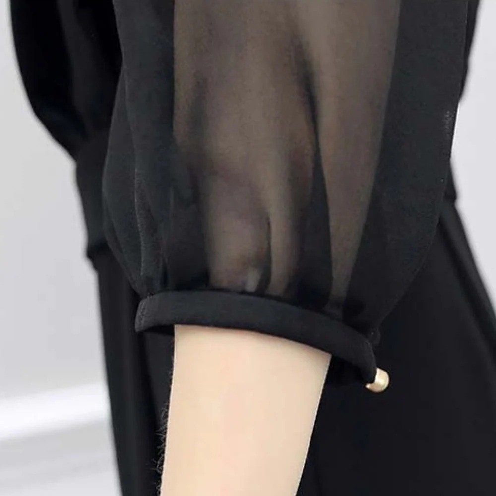 骨格ウェーブ シアー袖×Vネック ハイウエストオールインワン