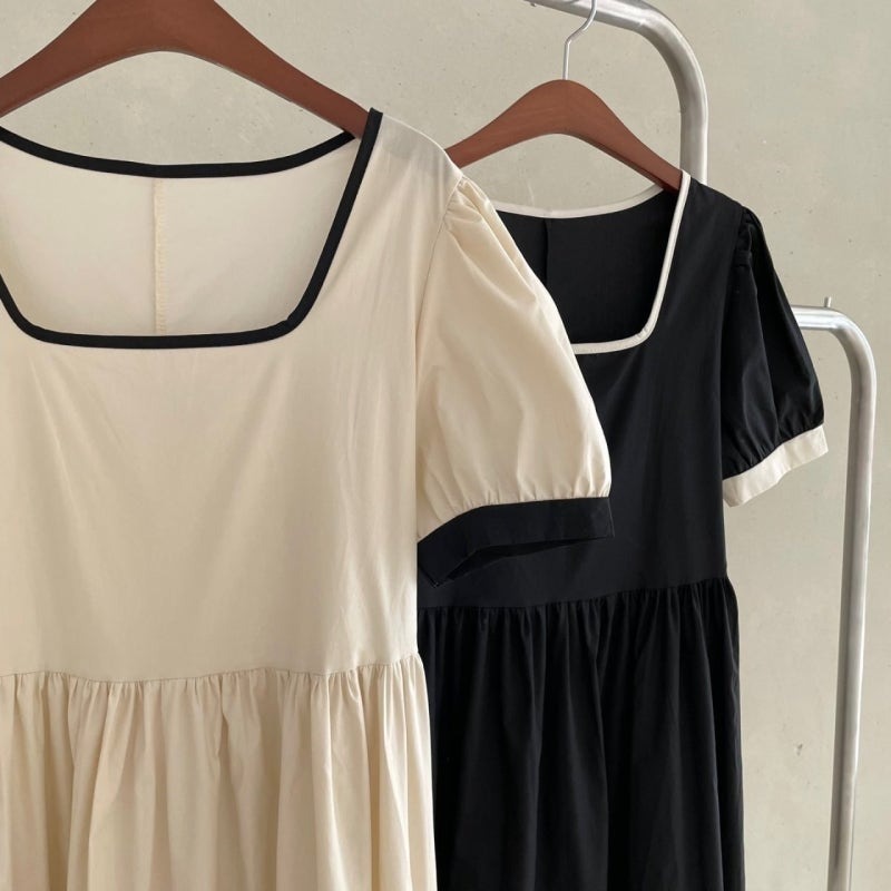 骨格ウェーブ クラシカルバイカラー ハイウエスト パフスリーブワンピース