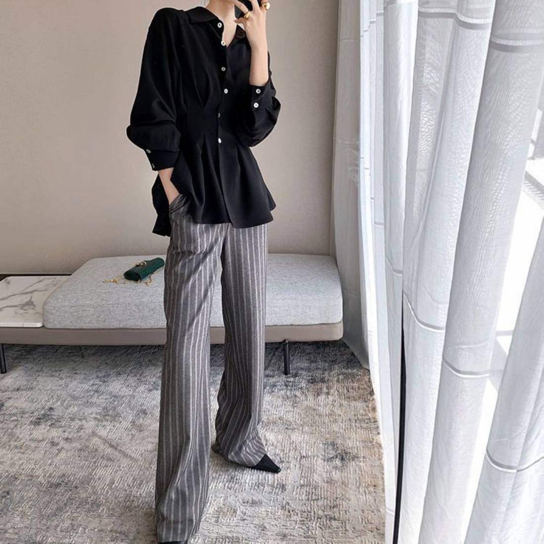 骨格ウェーブ バックプリーツ シャツブラウス