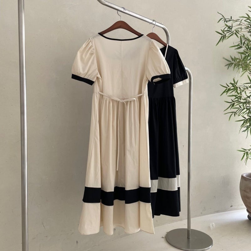 骨格ウェーブ クラシカルバイカラー ハイウエスト パフスリーブワンピース