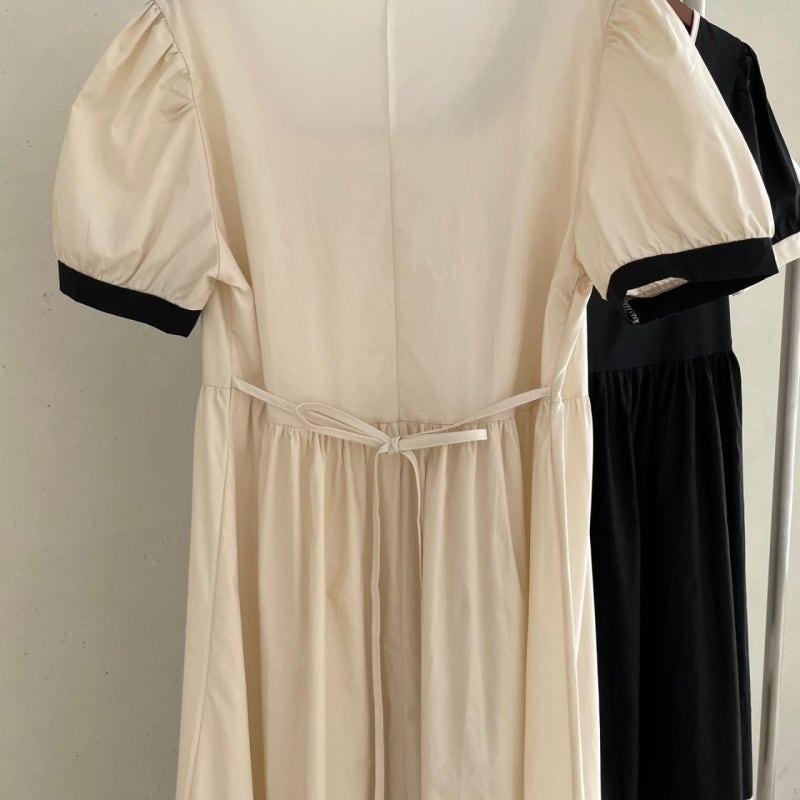 骨格ウェーブ クラシカルバイカラー ハイウエスト パフスリーブワンピース