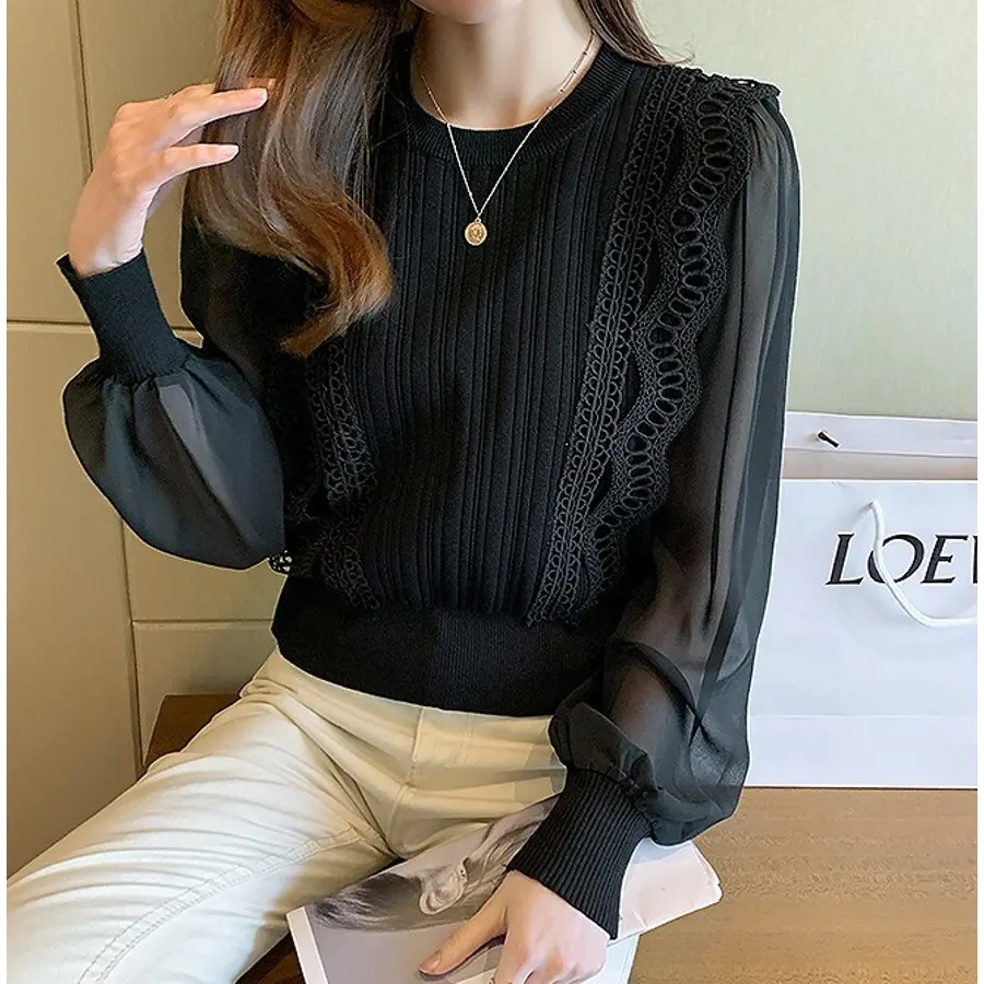 骨格ウェーブ シアー袖 ドッキングニットトップス