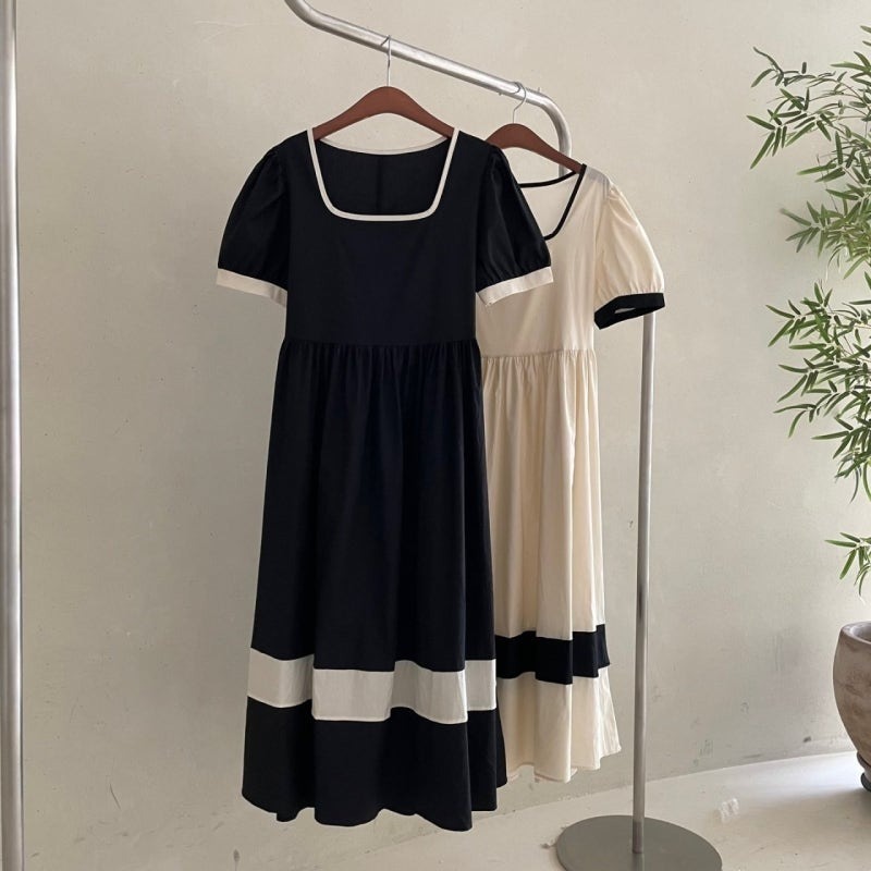 骨格ウェーブ クラシカルバイカラー ハイウエスト パフスリーブワンピース