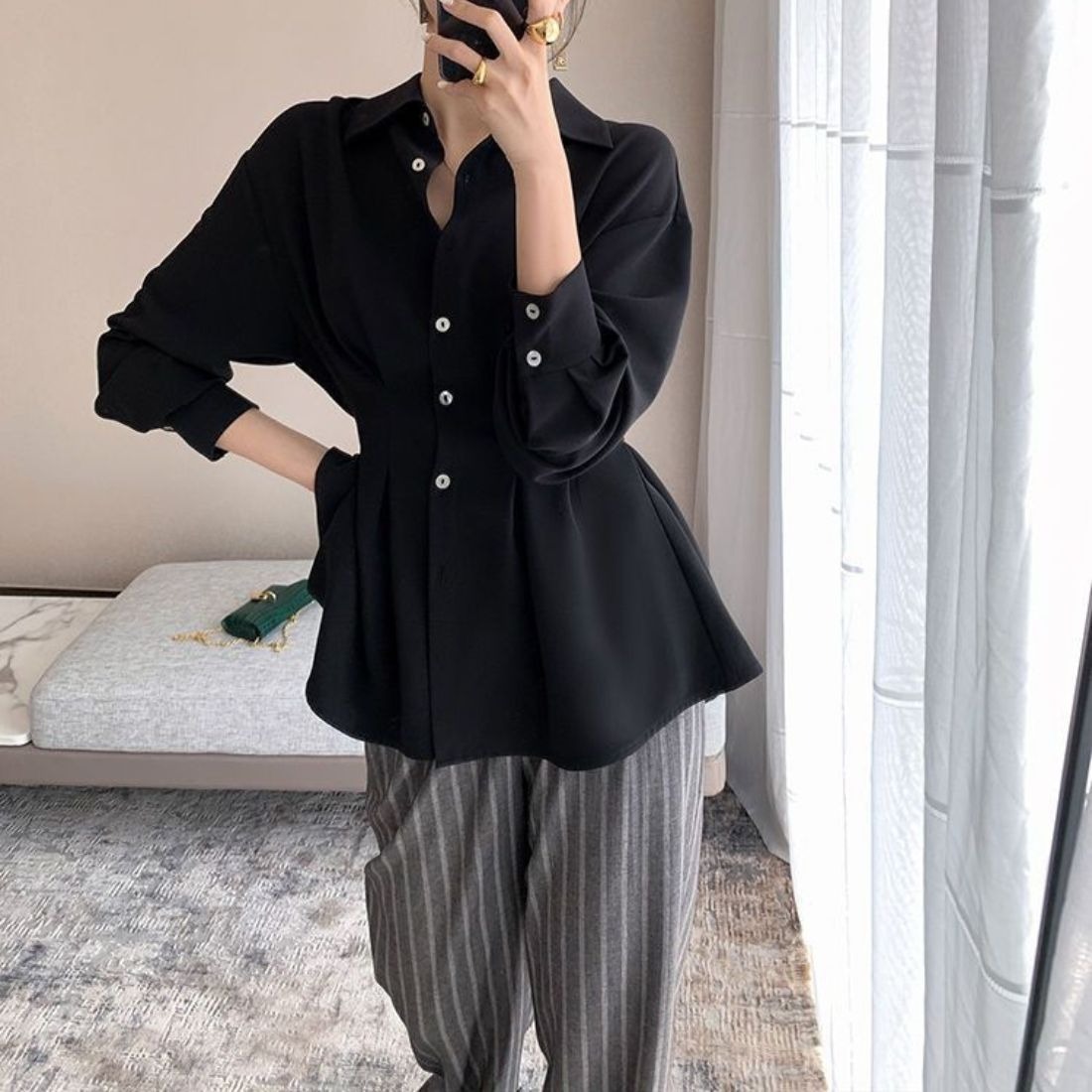 骨格ウェーブ バックプリーツ シャツブラウス