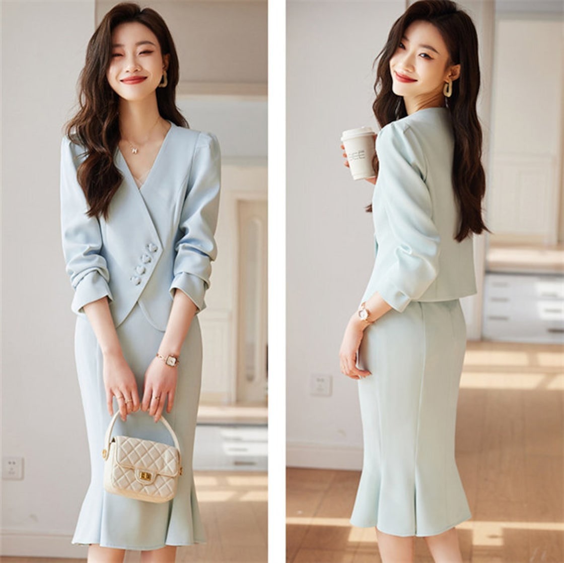 骨格ウェーブ ノーカラージャケット マーメイドスカート セットアップ スーツ