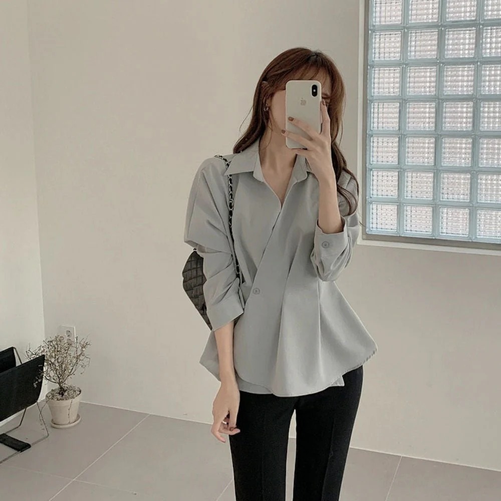 骨格ウェーブ 上半身すっきり ペプラムカシュクールシャツ