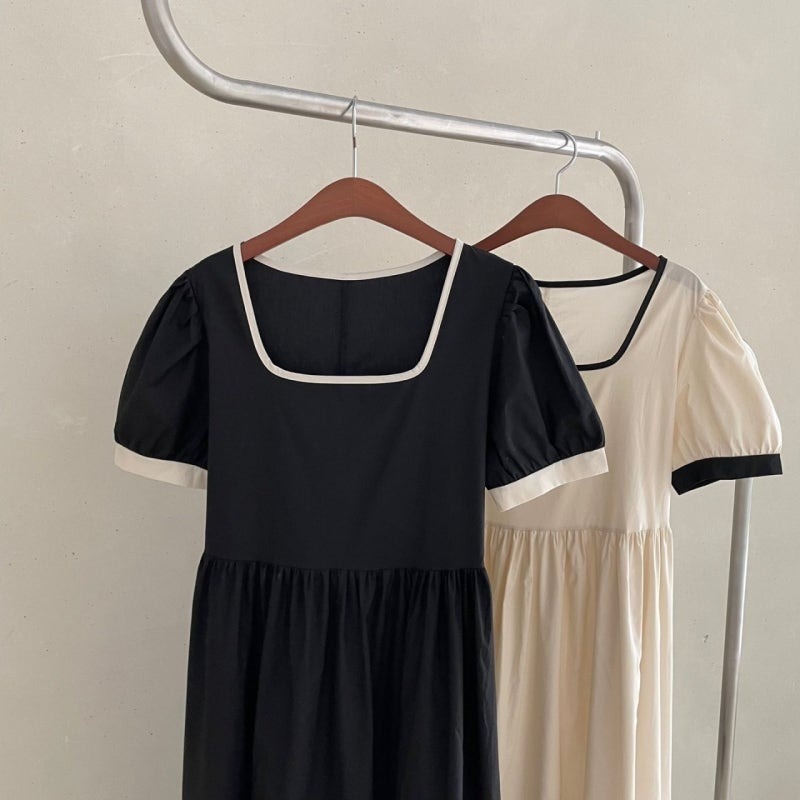 骨格ウェーブ クラシカルバイカラー ハイウエスト パフスリーブワンピース