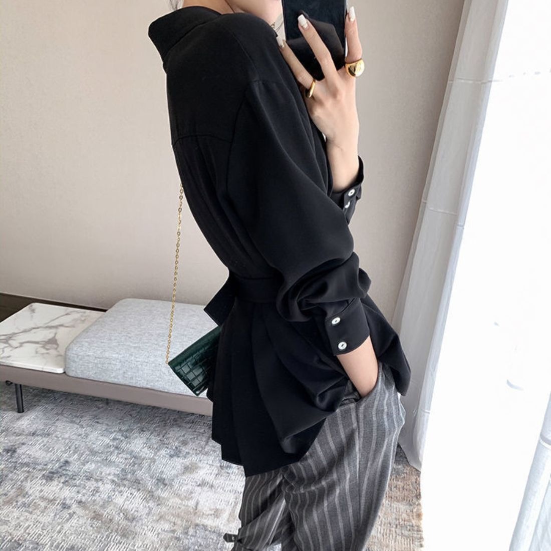 骨格ウェーブ バックプリーツ シャツブラウス