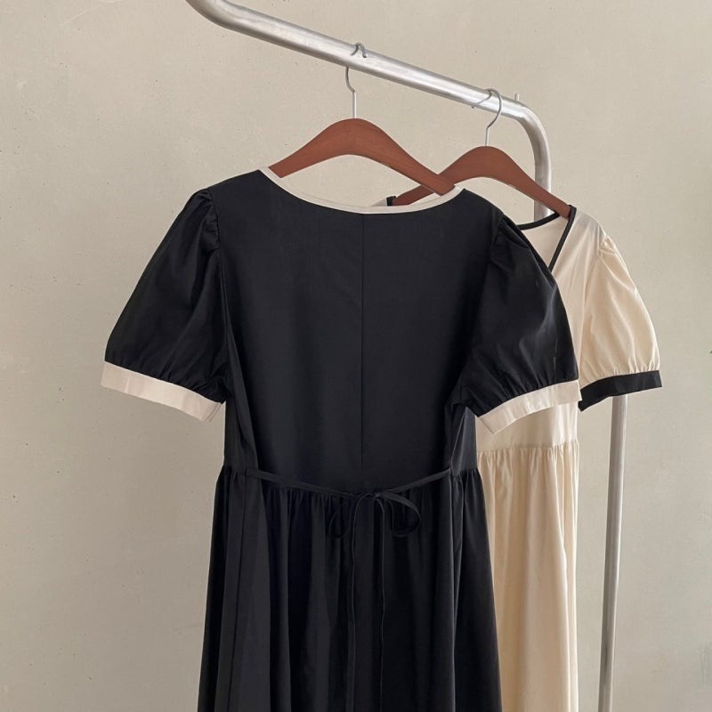 骨格ウェーブ クラシカルバイカラー ハイウエスト パフスリーブワンピース