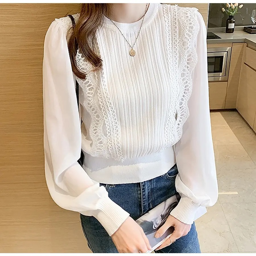 骨格ウェーブ シアー袖 ドッキングニットトップス