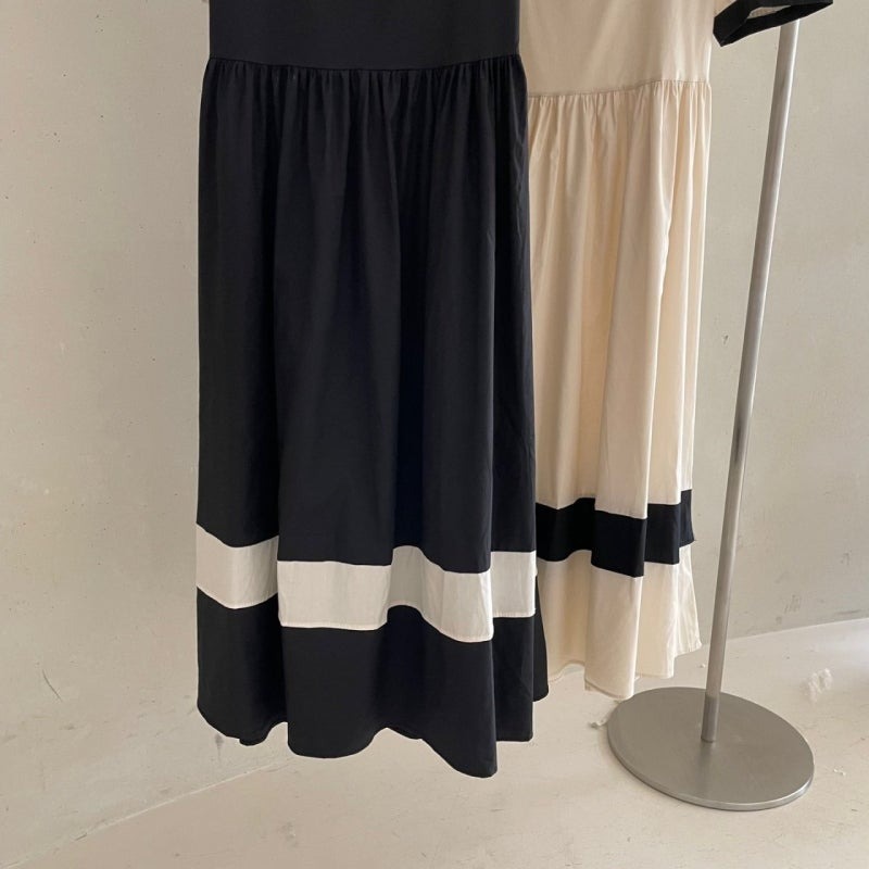 骨格ウェーブ クラシカルバイカラー ハイウエスト パフスリーブワンピース