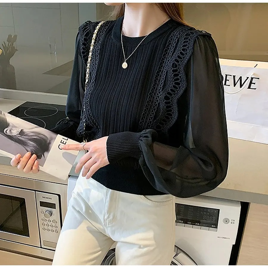 骨格ウェーブ シアー袖 ドッキングニットトップス