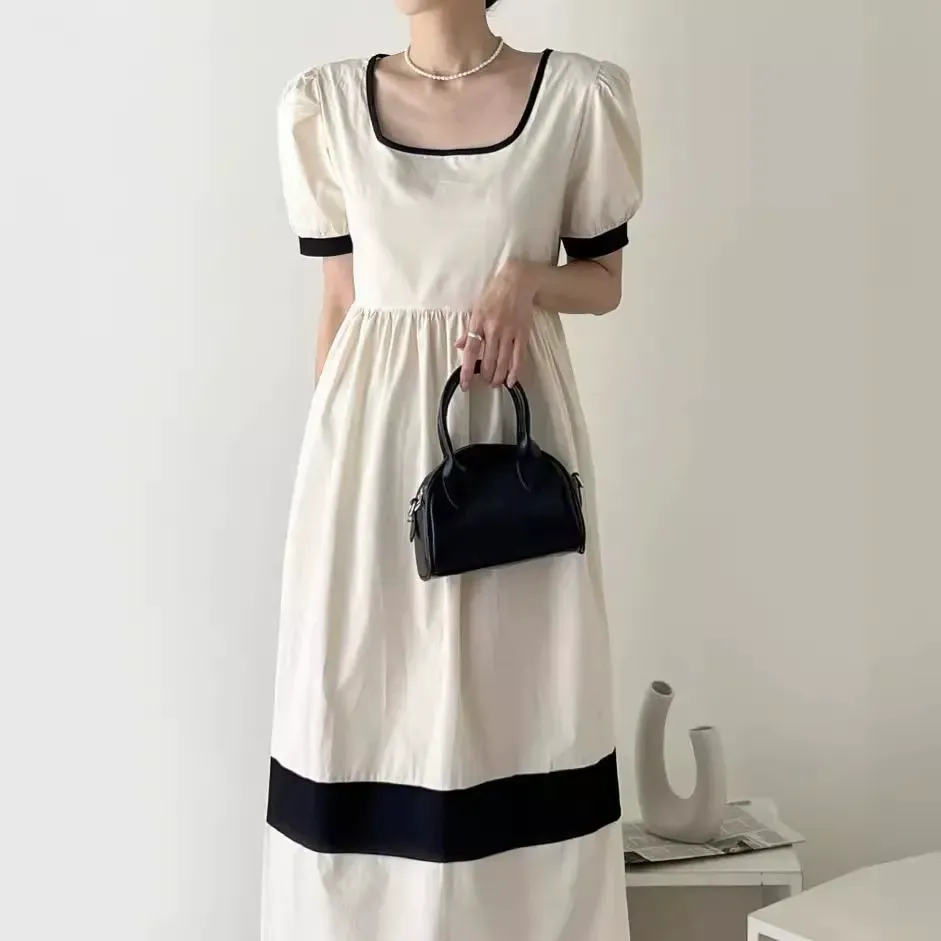 骨格ウェーブ クラシカルバイカラー ハイウエスト パフスリーブワンピース