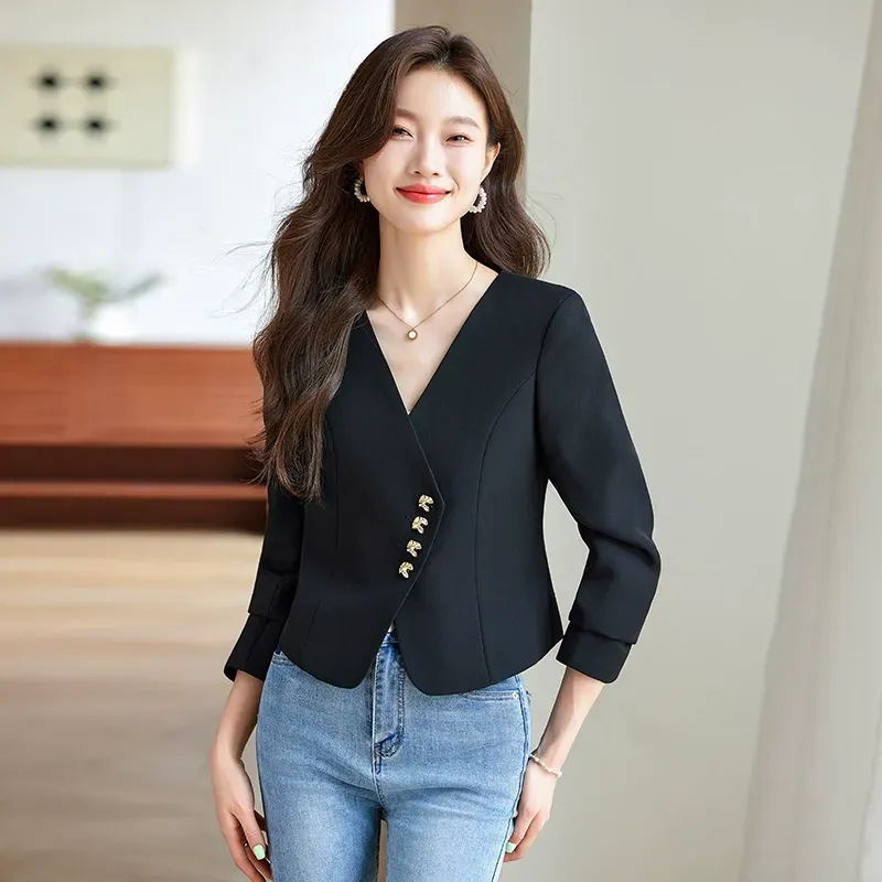 骨格ウェーブ ノーカラー クロップドニュアンスジャケット