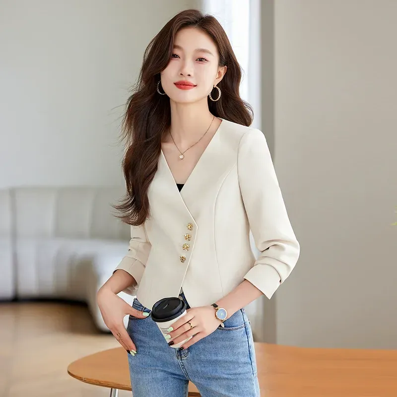 骨格ウェーブ ノーカラー クロップドニュアンスジャケット