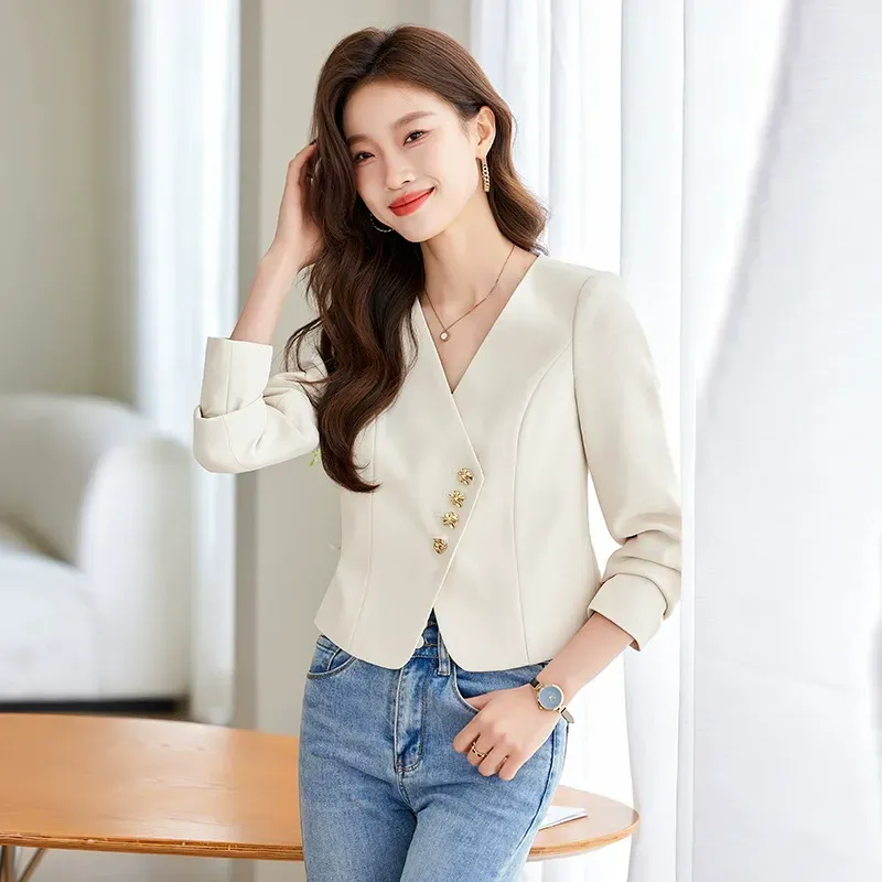 骨格ウェーブ ノーカラー クロップドニュアンスジャケット