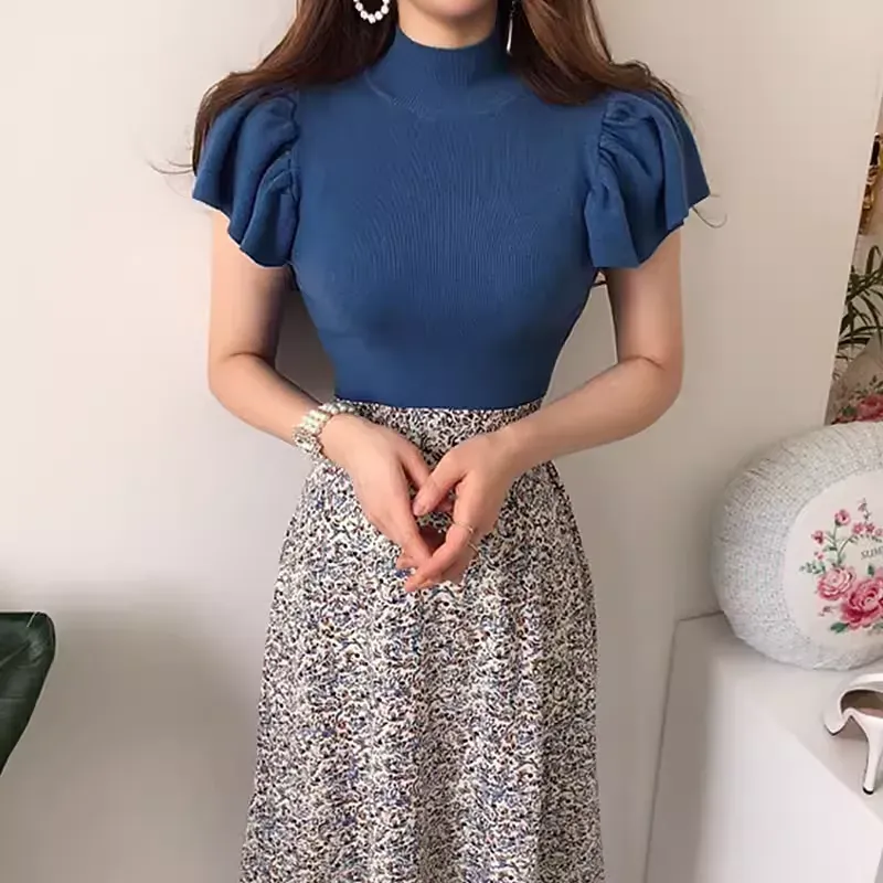 骨格ウェーブ フリルニットトップス&ハイウエスト花柄フレアスカートセットアップ