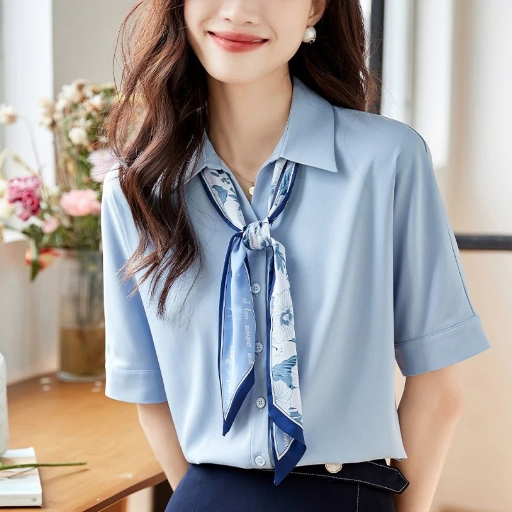 骨格ウェーブ とろみ素材 フローラルボウタイ5分袖ブラウス