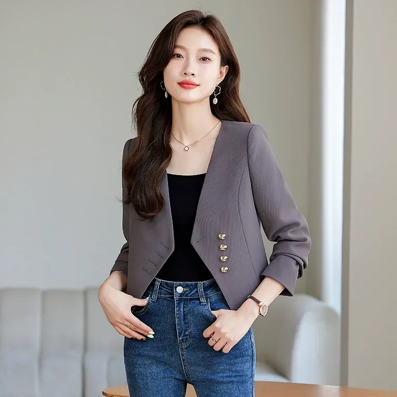 骨格ウェーブ ノーカラー クロップドニュアンスジャケット