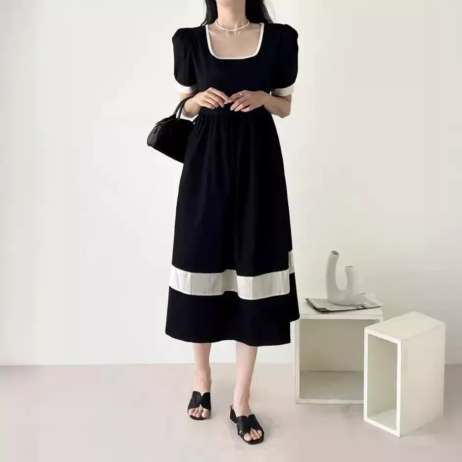 骨格ウェーブ クラシカルバイカラー ハイウエスト パフスリーブワンピース