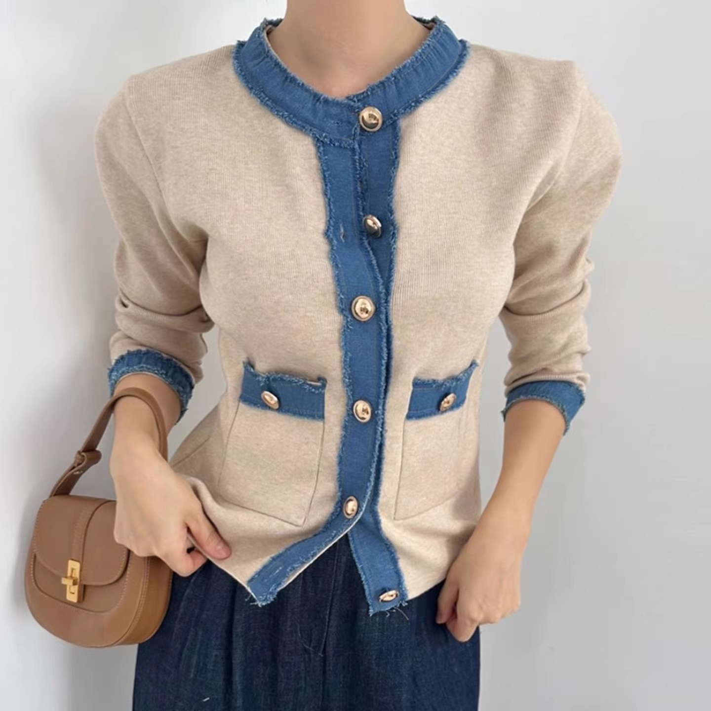 骨格ウェーブ デニム配色 ニットカーディガン