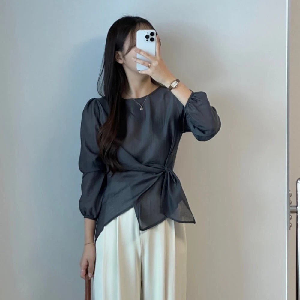 骨格ウェーブ 華奢見え シアーラップアシメブラウス