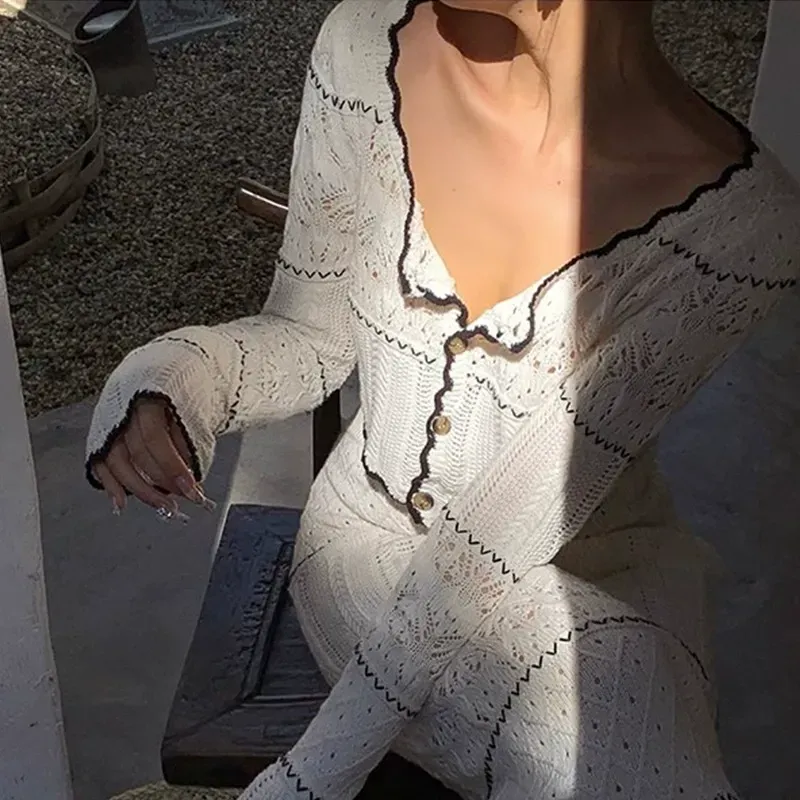 骨格ウェーブ クロシェ編みセットアップ ショート丈ニット＋Aラインスカート