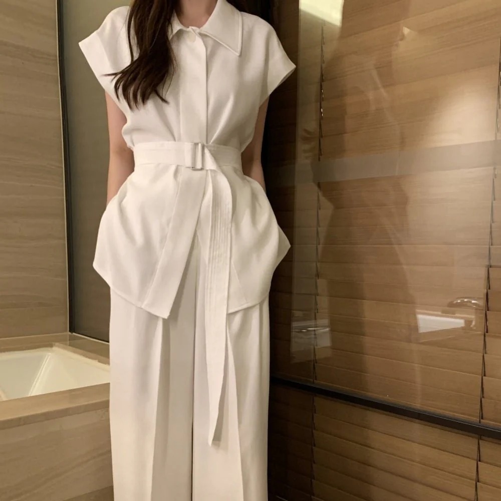 骨格ウェーブ 美くびれメイク・セットアップ フレンチスリーブシャツ＆ワイドパンツ