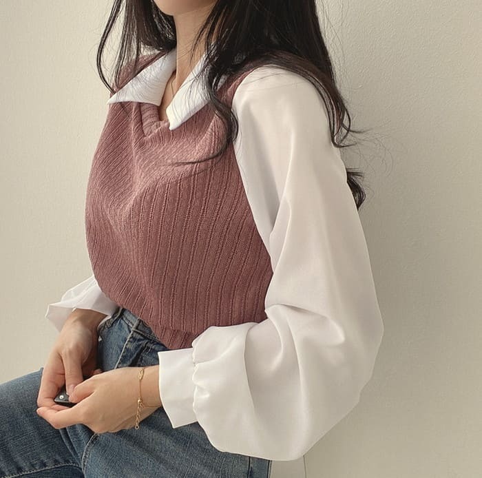 骨格ウェーブ レイヤード風 ポロカラーシャツ