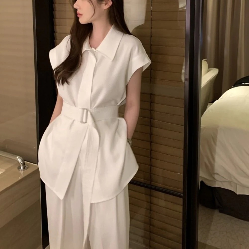 骨格ウェーブ 美くびれメイク・セットアップ フレンチスリーブシャツ＆ワイドパンツ