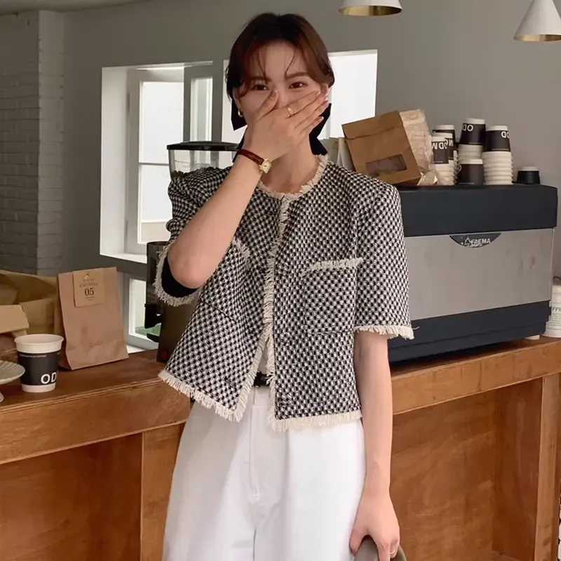 骨格ウェーブ フェミニン・ツイード クロップド丈 フリンジ半袖ジャケット